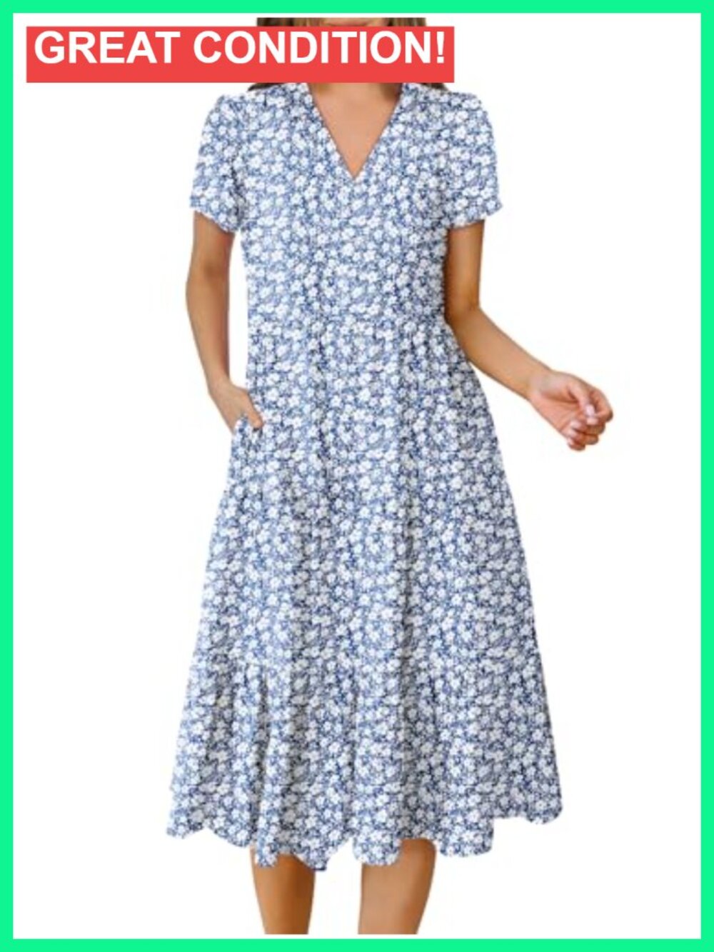 Women's V Neck Short Sleeve Midi Dress Flowy A-line Tiered Boho Beach Dress